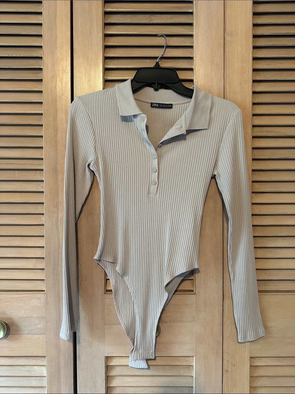 ZARA Ribbed Long-Sleeve Polo Bodysuit in Light Taupe